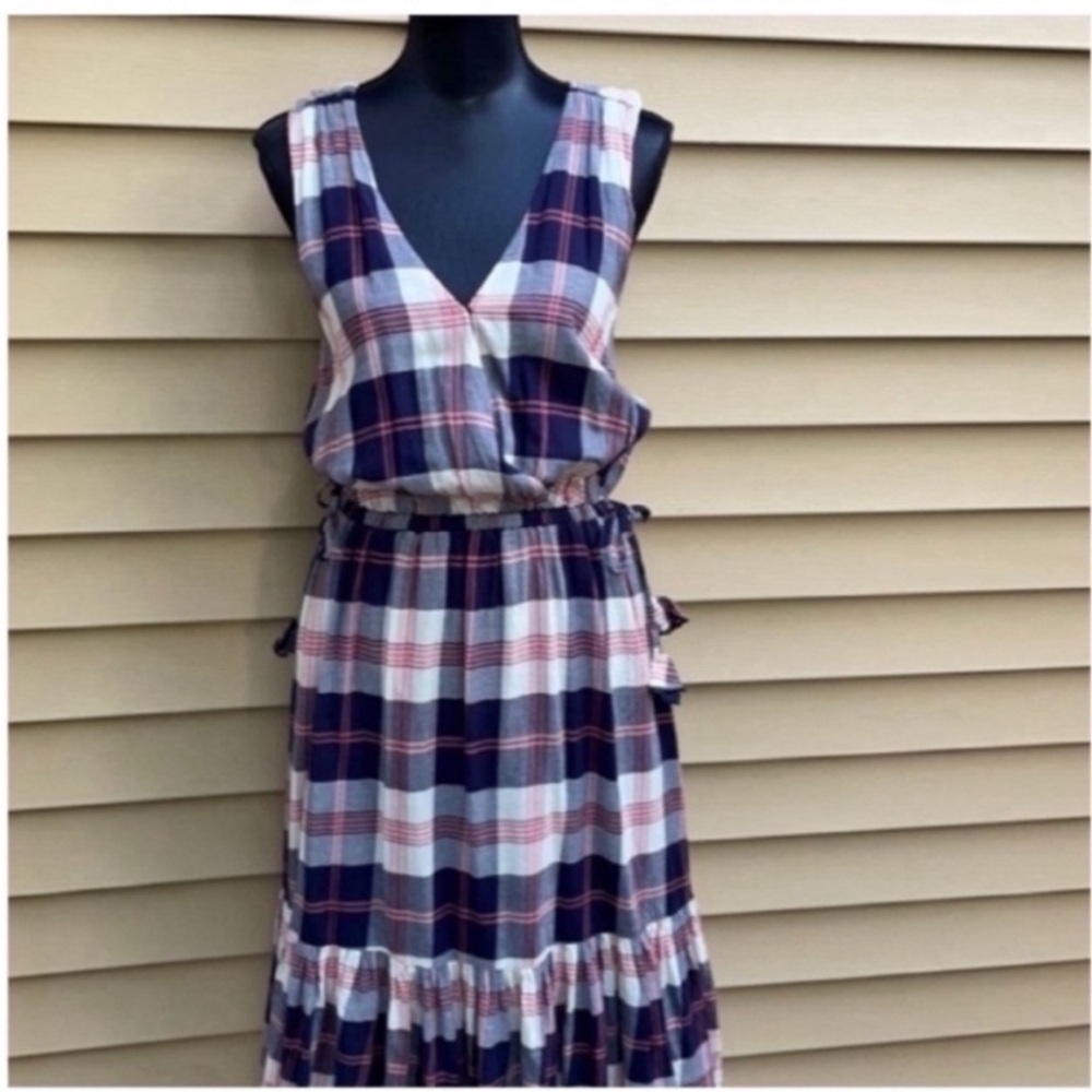 NWT Anthropologie YNavy, White & Red Plaid V‑Neck Midi Dress M